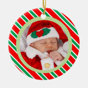 Christmas Candy Cane Stripes Frame Baby Photo Ceramic Ornament