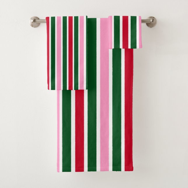 Christmas Candy Cane Stripes in Pink Green and Red Bath Towel Set (Insitu)