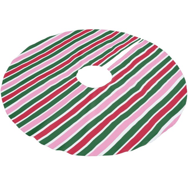 Christmas Candy Cane Stripes in Pink Green and Red Brushed Polyester Tree Skirt (Angled)