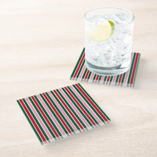 Christmas Candy Cane Stripes in Pink Green and Red Glass Coaster