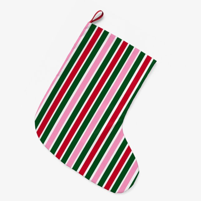 Christmas Candy Cane Stripes in Pink Green and Red Large Christmas Stocking (Front (Hanging))