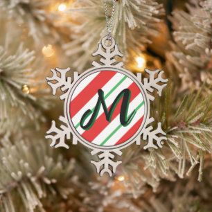 Christmas Candy Cane Stripes Monogram Initial Snowflake Pewter Christmas Ornament