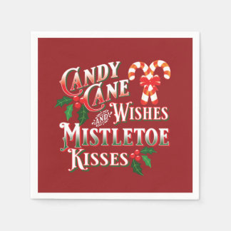 CHRISTMAS CANDY CANE WISHES MISTLETOE KISSES PAPER NAPKIN