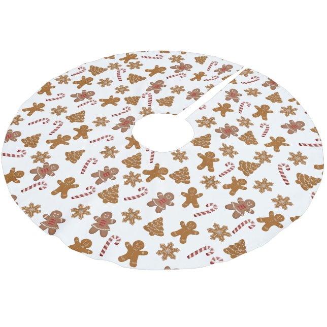 Christmas Candy Canes and Gingerbread Men Brushed Polyester Tree Skirt (Angled)