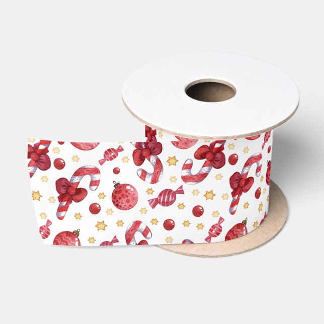 Christmas Candy Canes and Stars Satin Ribbon (Spool)