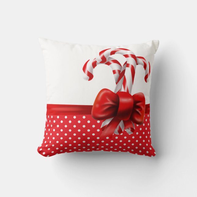 Christmas Candy Canes Bow with Red and White Dot Throw Pillow (Front)