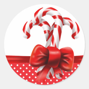 Christmas Candy Canes Bow with Red and White Dots Classic Round Sticker