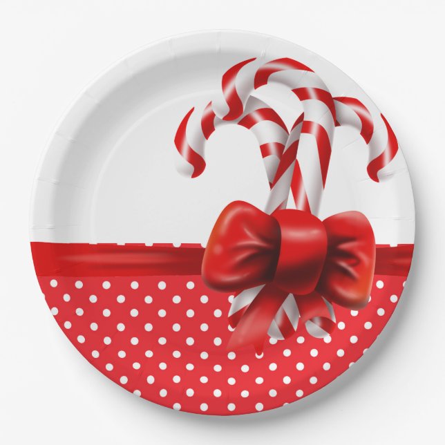 Christmas Candy Canes Bow with Red and White Dots Paper Plate (Front)