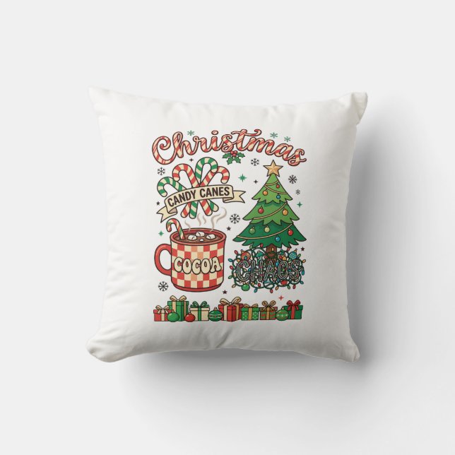 Christmas Candy Canes Cocoa Chaos Tree Mug Present Throw Pillow (Front)