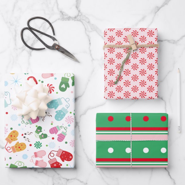 Christmas Candy Mittens Red Green Pink Pattern Wrapping Paper Sheet (Front)