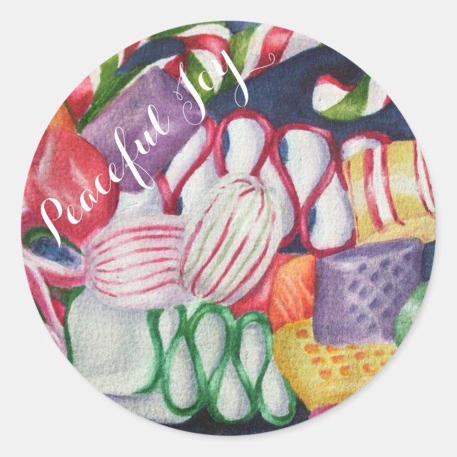 CHRISTMAS CANDY PEACEFUL JOY CLASSIC ROUND STICKER (Front)