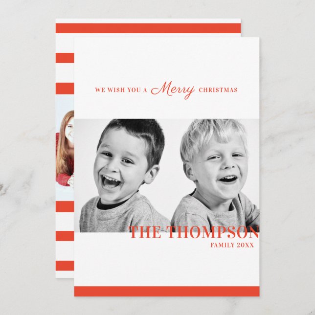 Christmas candy red stripe two photo holiday card (Front/Back)