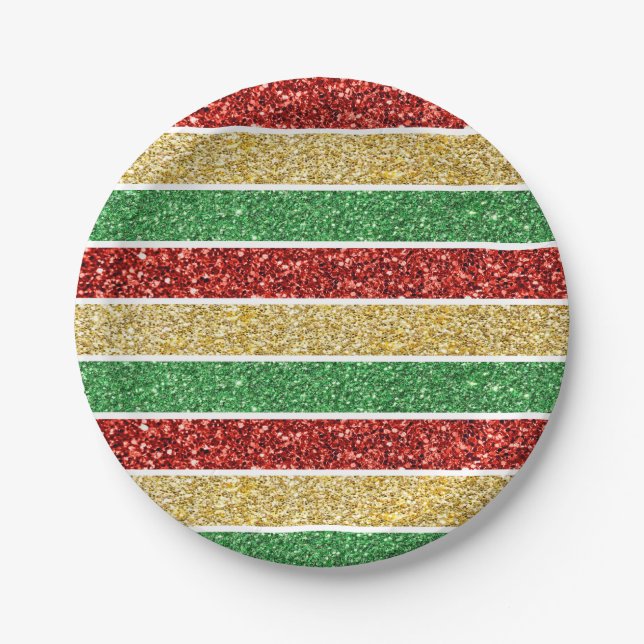 Christmas Candy Stripes Red Green Golden Yellow Paper Plate (Front)