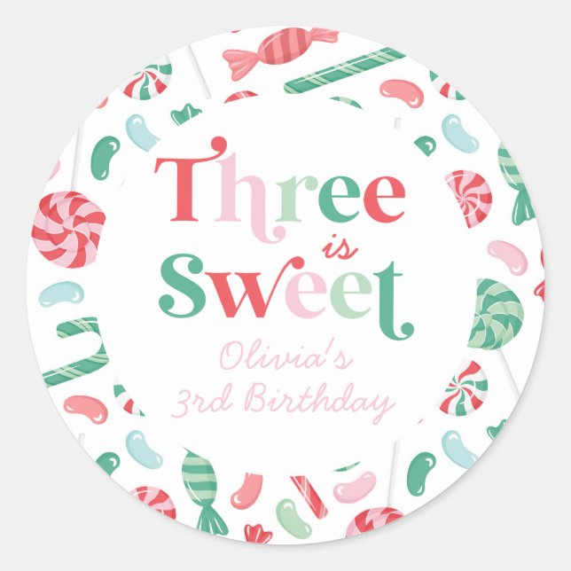 Christmas Candy Three is Sweet 3rd Birthday Classic Round Sticker (Front)