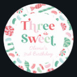 Christmas Candy Three is Sweet 3rd Birthday Classic Round Sticker<br><div class="desc">Three is Sweet! Christmas Candy 3rd birthday party stickers with candy canes,  jelly beans and other candy.</div>