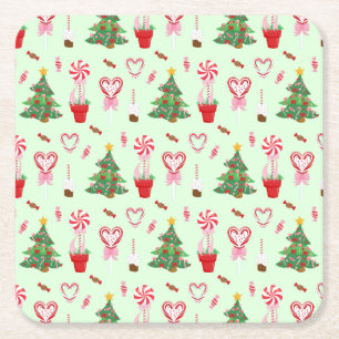 Christmas Candy Trees Pattern Square Paper Coaster