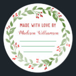 Christmas Canning |Homemade Jam or Pickles Classic Round Sticker<br><div class="desc">Rustic Holiday Christmas Canning |Jam Homemade Label design  . Watercolor Christmas wreath design ready for you to personalize with space to hand write in dates and name Ideal for all you holiday canning .</div>
