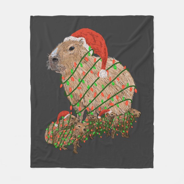 Christmas Capybara Family Wrapped in Lights Fleece Blanket (Front)
