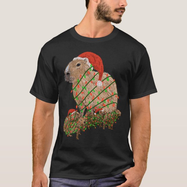 Christmas Capybara Family Wrapped in Lights T-Shirt (Front)