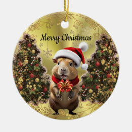 Christmas Capybara Flanked by Christmas Trees Ceramic Ornament
