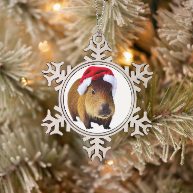 Christmas Capybara In Winter Background  Snowflake Pewter Christmas Ornament (Tree)