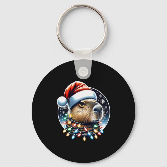 Christmas Capybara Santa Hat Xmas Lights Men Women Keychain (Front)