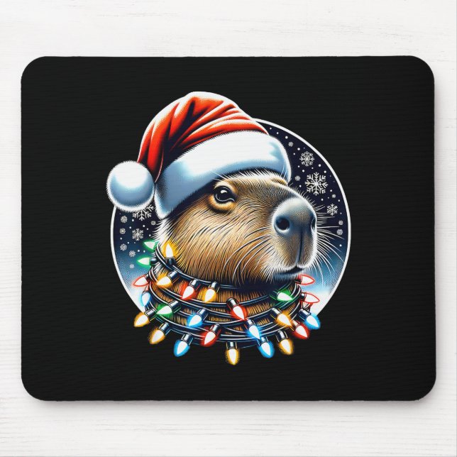 Christmas Capybara Santa Hat Xmas Lights Men Women Mouse Pad (Front)
