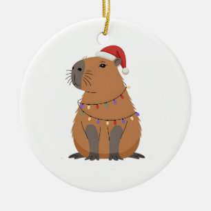 Christmas Capybara With Santa Hat Xmas Lights Ceramic Ornament