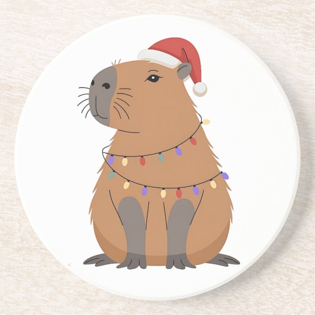 Christmas Capybara With Santa Hat Xmas Lights Coaster (Front)