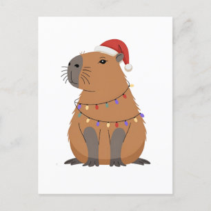 Christmas Capybara With Santa Hat Xmas Lights Holiday Postcard