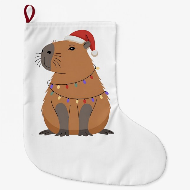 Christmas Capybara With Santa Hat Xmas Lights Large Christmas Stocking (Front)