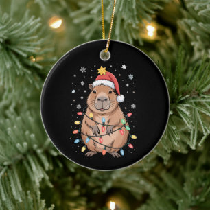 Christmas Capybara With Santa Hat Xmas Lights Tree Ceramic Ornament
