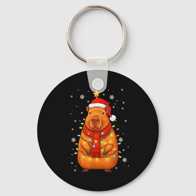 Christmas Capybara With Santa Hat Xmas Lights Tree Keychain (Front)