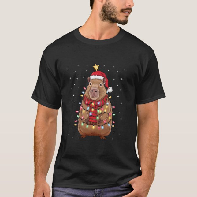 Christmas Capybara With Santa Hat Xmas Lights Tree T-Shirt (Front)