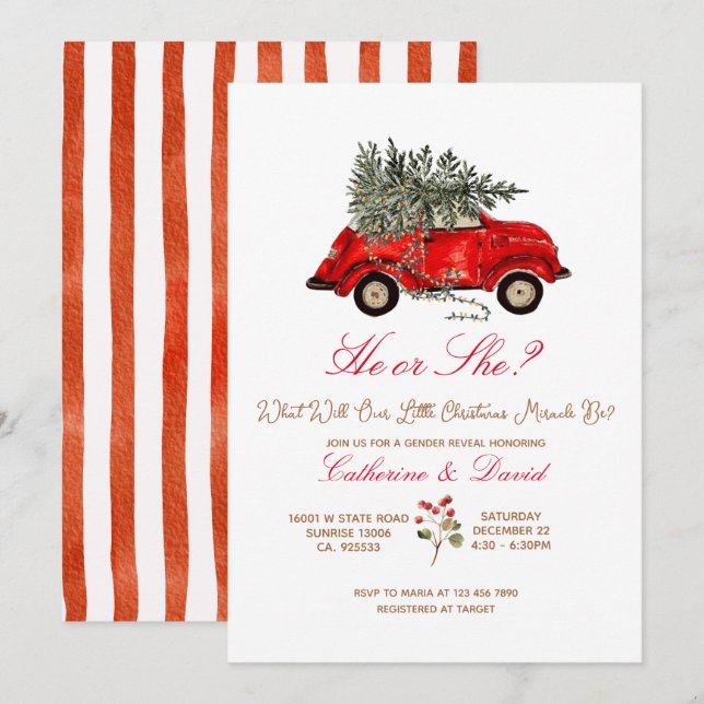 Christmas Car and Tree Gender Reveal Invitation (Front/Back)