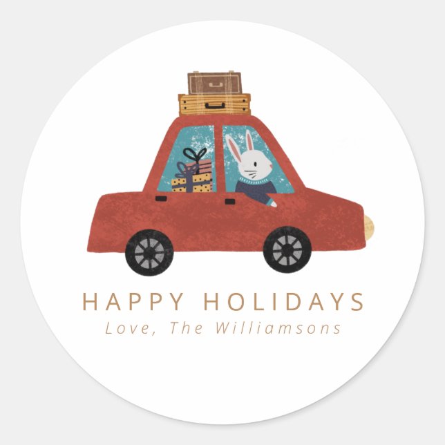 Christmas Car Bunny Personalized Happy Holidays Classic Round Sticker (Front)