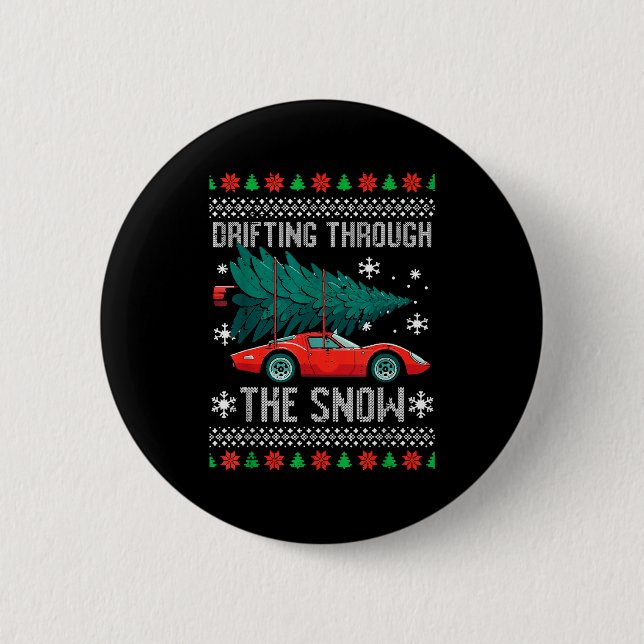 Christmas Car Drifting Through Snow Ugly Xmas Men  2 Inch Round Button (Front)