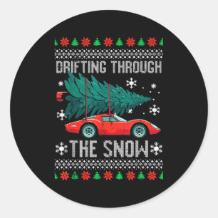 Christmas Car Drifting Through Snow Ugly Xmas Men  Classic Round Sticker