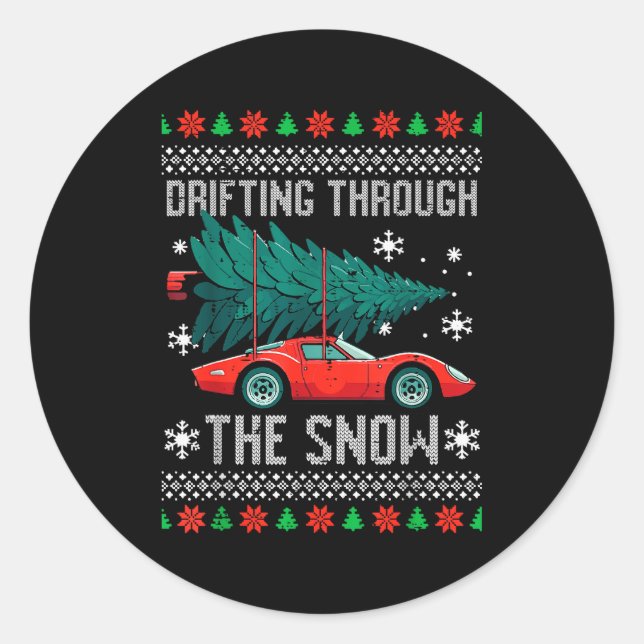 Christmas Car Drifting Through Snow Ugly Xmas Men  Classic Round Sticker (Front)
