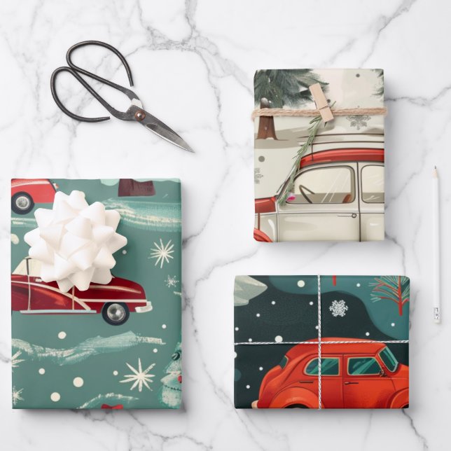 Christmas car pattern wrapping paper sheet (Front)