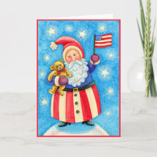 Christmas Card: American Santa Claus with Flag Holiday Card