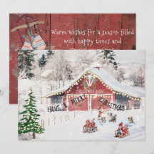 Christmas Card, Barn, Children, Sleds, Aussie Dogs