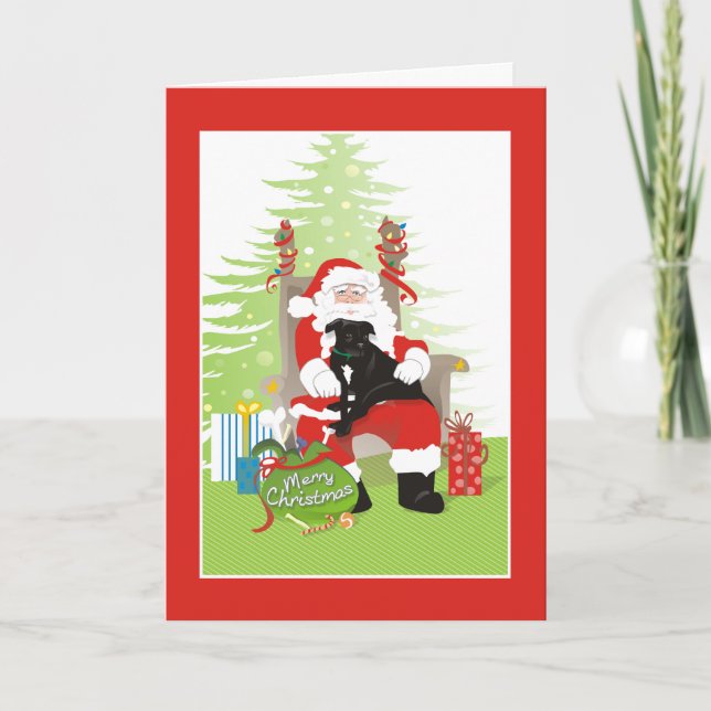 Christmas Card - Black Pit Bull Dog on Santa's Lap (Front)