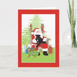 Christmas Card - Black Pit Bull Dog on Santa's Lap