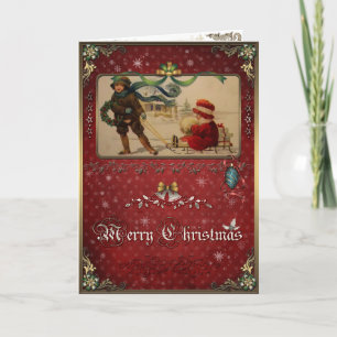 Christmas Card - Children with sled on the road.