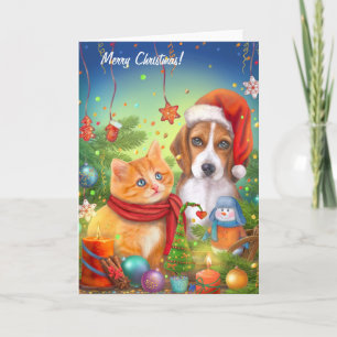 Christmas card. Cute cat and dog. Funny animals Card