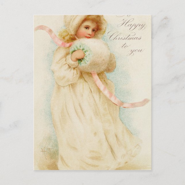 Christmas card depicting a girl with a muff (Front)