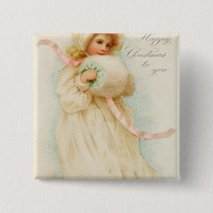 Christmas card depicting a girl with a muff 2 inch square button