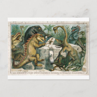 Christmas card dinosaurs studying ancient humans