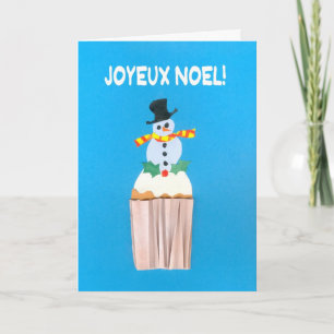 Christmas Card, French, Cupcake with Snowman Holiday Card